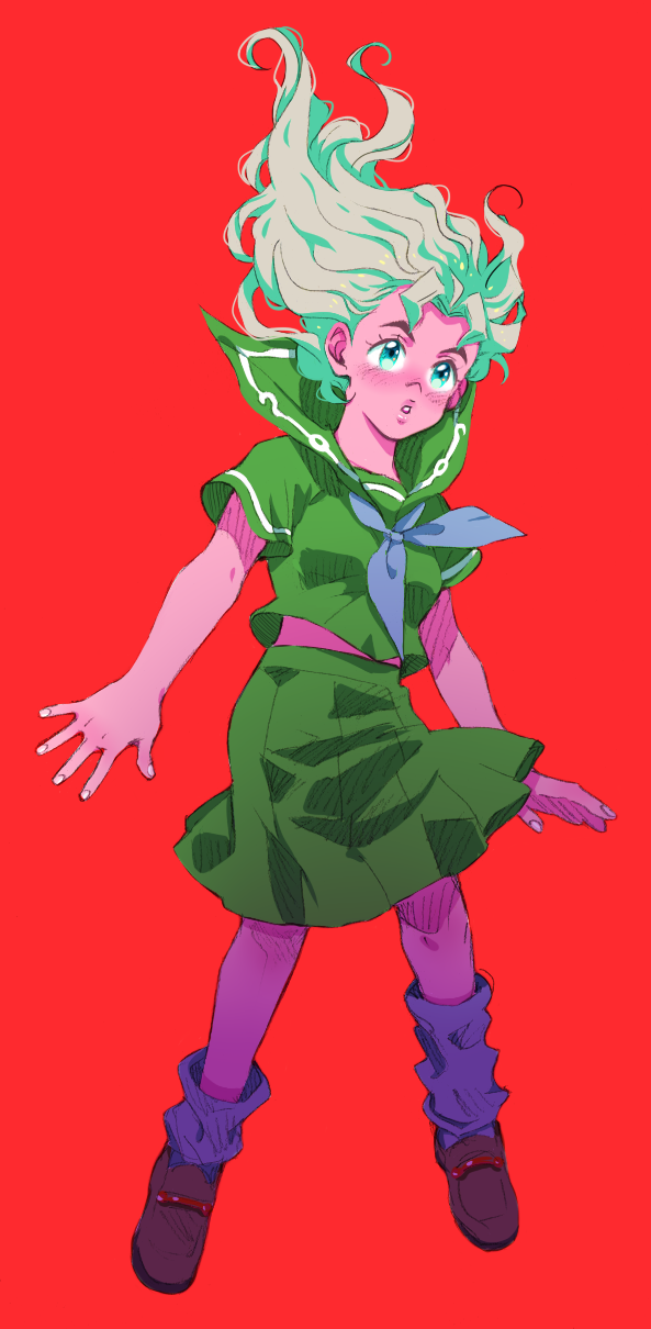 1girl, ascot, blonde_hair, diamond_wa_kudakenai, genderswap, genderswap_(mtf), green_eyes, green_hair