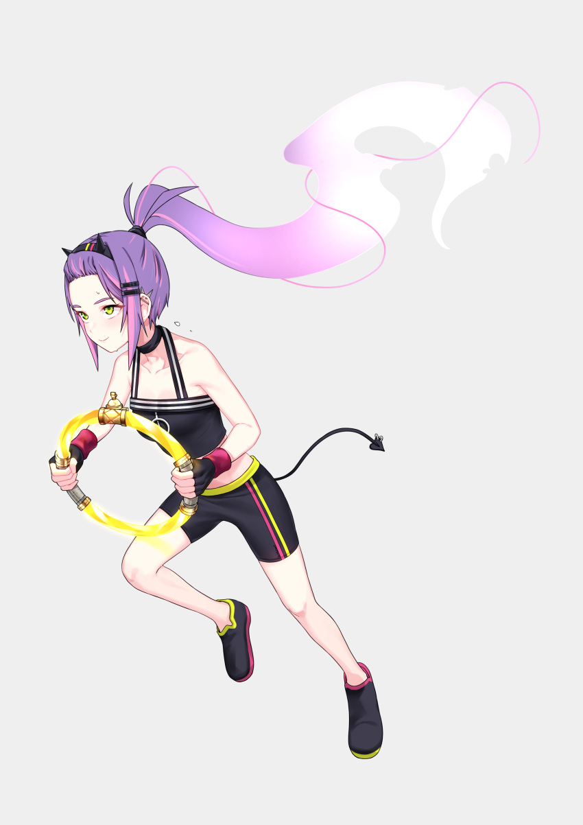 1girl, absurdres, alternate_hairstyle, artpatient, asymmetrical_footwear, bangs_pinned_back, black_footwear, black_hairband, black_shorts, black_tank_top, blush, closed_mouth, commentary, cosplay, crop_top, demon_girl, demon_tail, ear_piercing, english_commentary, fake_horns, forehead, full_body, hair_ornament, hairband, hairclip, halter_top, halterneck, highres, hololive, horns, industrial_piercing, long_hair, mismatched_footwear, multicolored_hair, piercing, pink_hair, ponytail, purple_hair, ring-con, ring_(ring_fit_adventure), ring_fit_adventure, ring_fit_trainee_(female), ring_fit_trainee_(female)_(cosplay), running, shoes, shorts, sidelocks, simple_background, sneakers, solo, streaked_hair, sweat, tail, tail_ornament, tail_piercing, tank_top, tokoyami_towa, virtual_youtuber