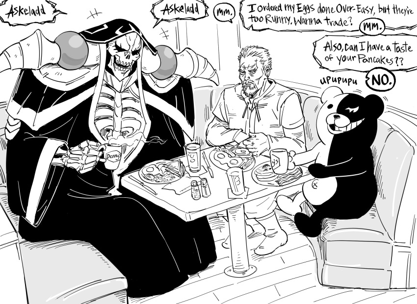 +++, 3boys, ainz_ooal_gown, askeladd, bb_(baalbuddy), commentary, couch, crossover, cup, danganronpa_(series), denny's, english_commentary, english_text, fried_egg, greyscale, highres, holding, holding_cup, monochrome, monokuma, mug, multiple_boys, multiple_crossover, overlord_(maruyama), parted_lips, robe, salt_shaker, shirt, sitting, skeleton, table, vinland_saga