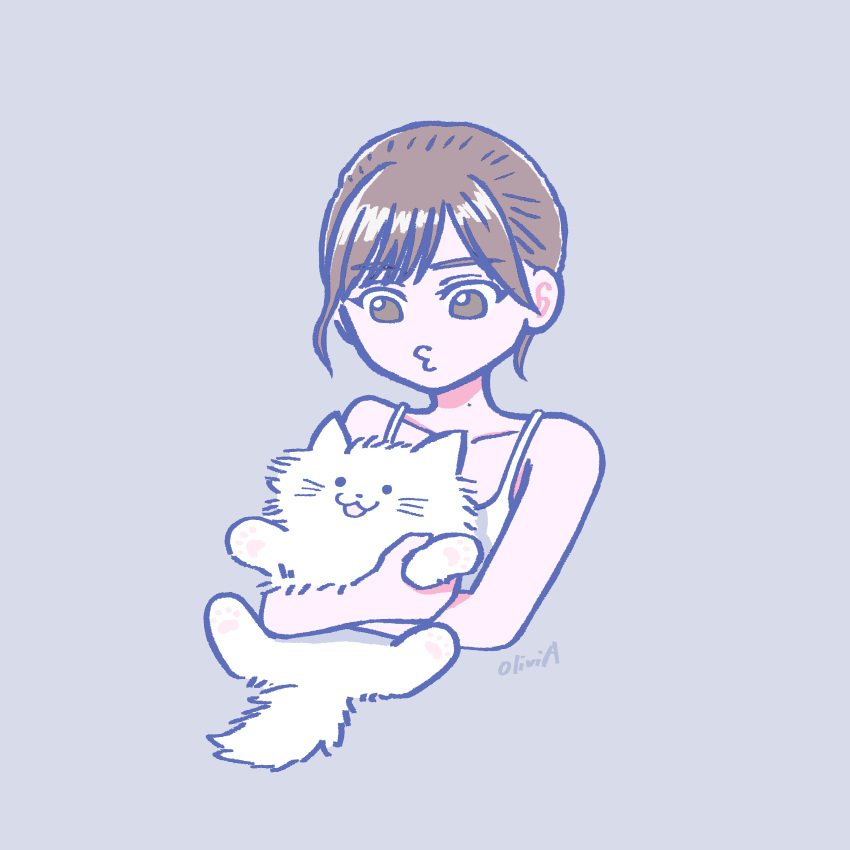 1girl, :3, :d, absurdres, animal, artist_name, bangs, bare_arms, bare_shoulders, brown_eyes, brown_hair, cat, collarbone, commentary, eyebrows_visible_through_hair, forehead, grey_background, highres, holding, holding_animal, holding_cat, looking_at_another, mole, mole_on_neck, nogizaka46, olivia_(shkm2443), open_mouth, original, parted_bangs, shirt, short_hair, simple_background, smile, solo, tank_top, upper_body, white_shirt