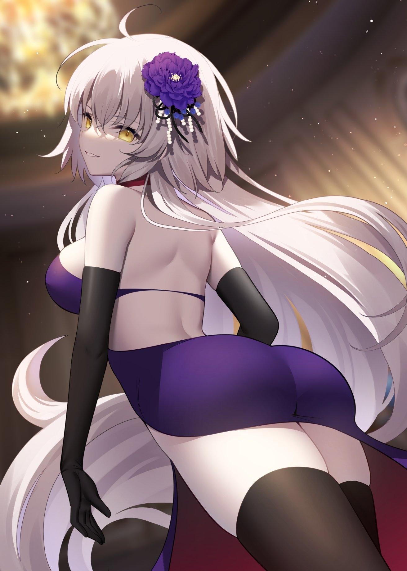 1girl, ahoge, ass, back, bangs, black_gloves, black_legwear, black_thighhighs