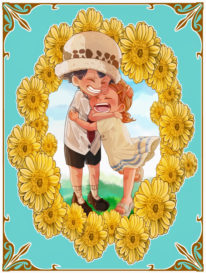 ^_^, black_hair, brother_and_sister, brown_hair, closed_eyes, dress, floral_background, flower