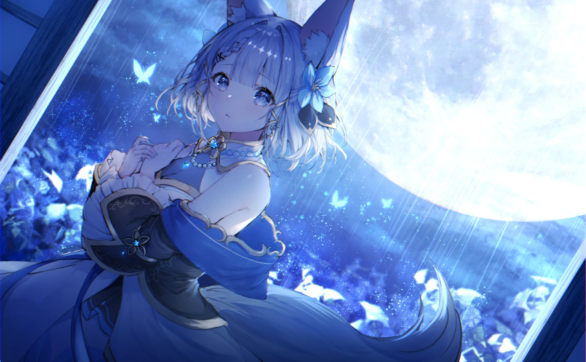 1girl, animal_ear_fluff, animal_ears, bangs, black_jacket, blue_butterfly, blue_eyes, blue_flower