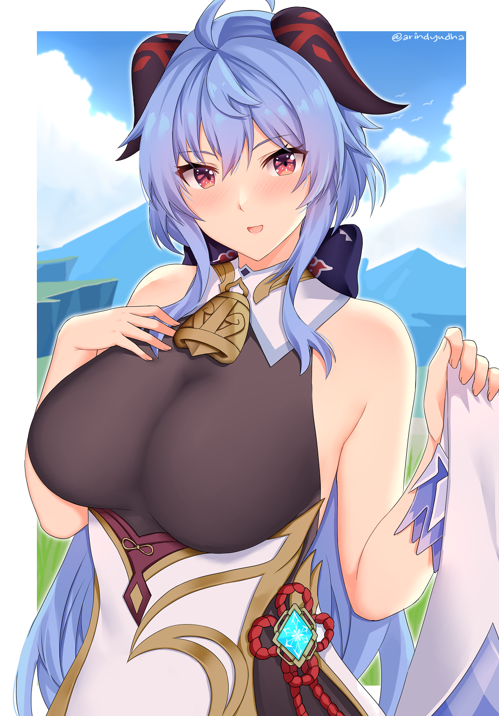 1girl, ahoge, arind_yudha, bangs, bare_arms, bare_shoulders, blue_hair, blush