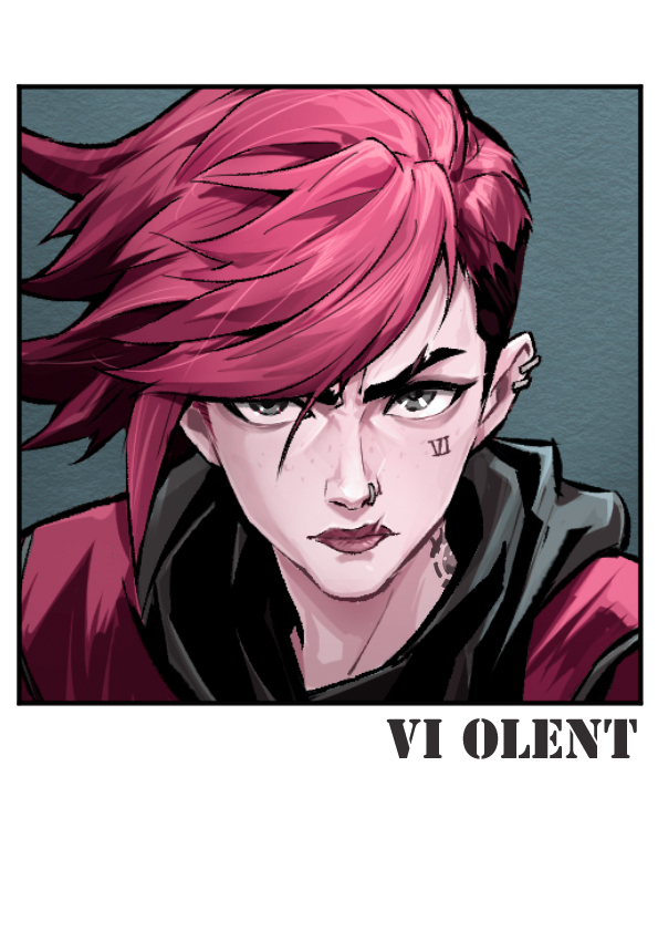 1girl, arcane:_league_of_legends, arcane_vi, bangs, bu_ruo1996_(caricaturist), character_name, commentary_request, earrings