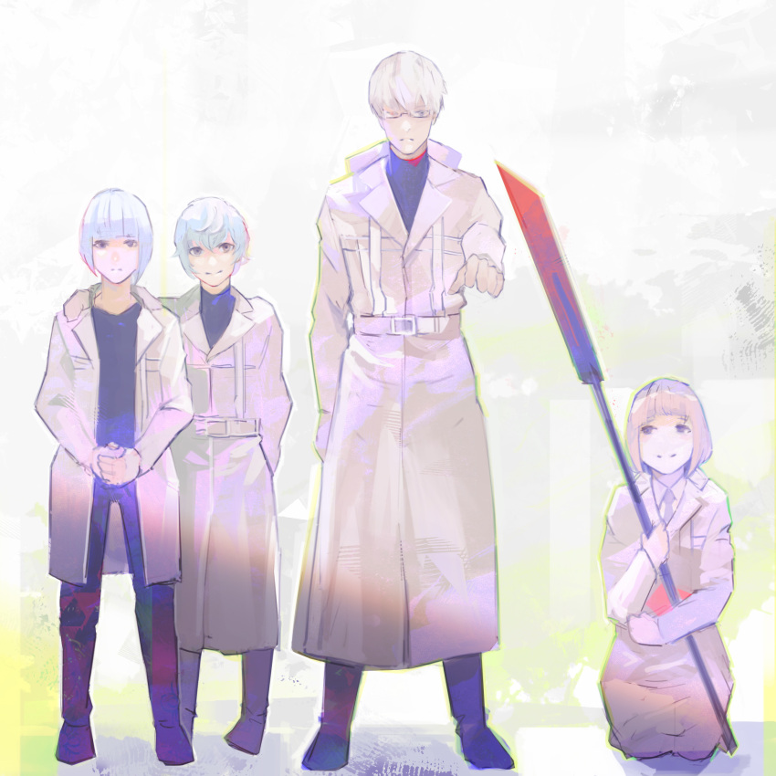 2boys, 2girls, arima_kishou, arm_around_shoulder, bangs, black_pants, black_shirt, blunt_bangs