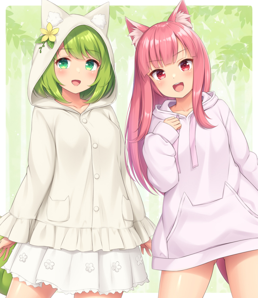 2girls, :d, animal_ear_fluff, animal_hood, ass_visible_through_thighs, blush, fox_hood, green_eyes