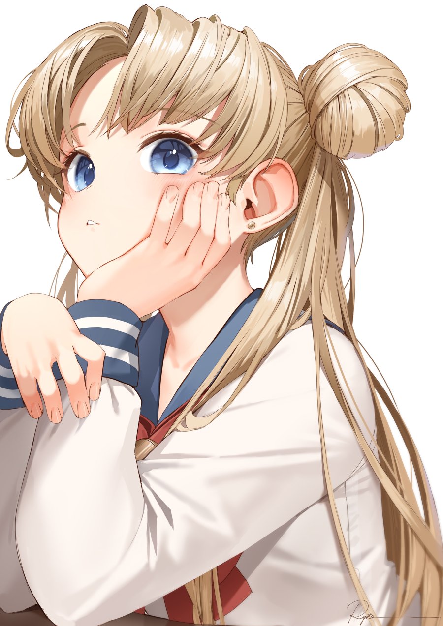 1girl, bangs, bishoujo_senshi_sailor_moon, blonde_hair, blue_eyes, desk, hair_bun, head_on_hand, head_rest, highres, long_hair, long_sleeves, neckerchief, parted_bangs, parted_lips, red_neckwear, ryota_(ry_o_ta), sailor_collar, school_desk, school_uniform, shirt, signal_flag, simple_background, solo, tsukino_usagi, twintails, white_background, white_shirt