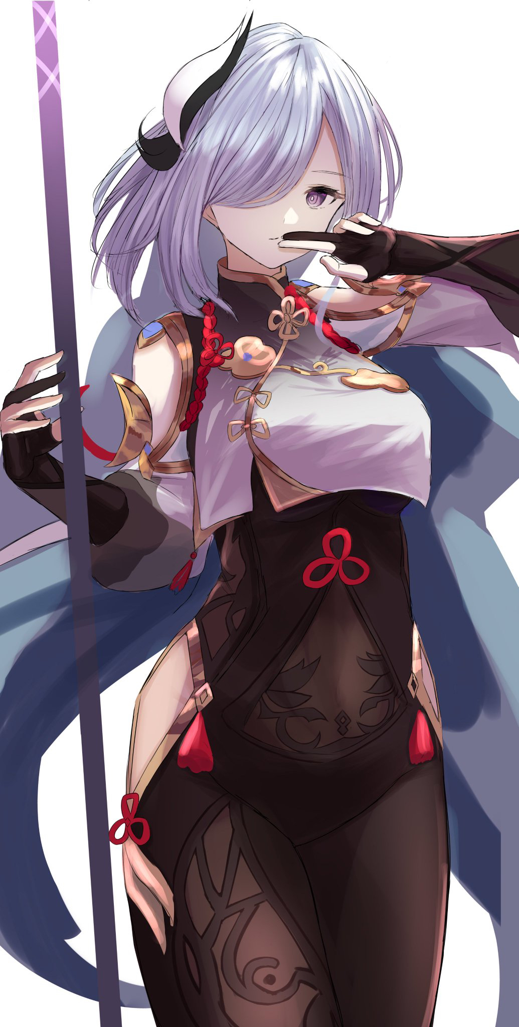 1girl, bangs, bodysuit, breasts, closed_mouth, covered_navel, cowboy_shot, genshin_impact