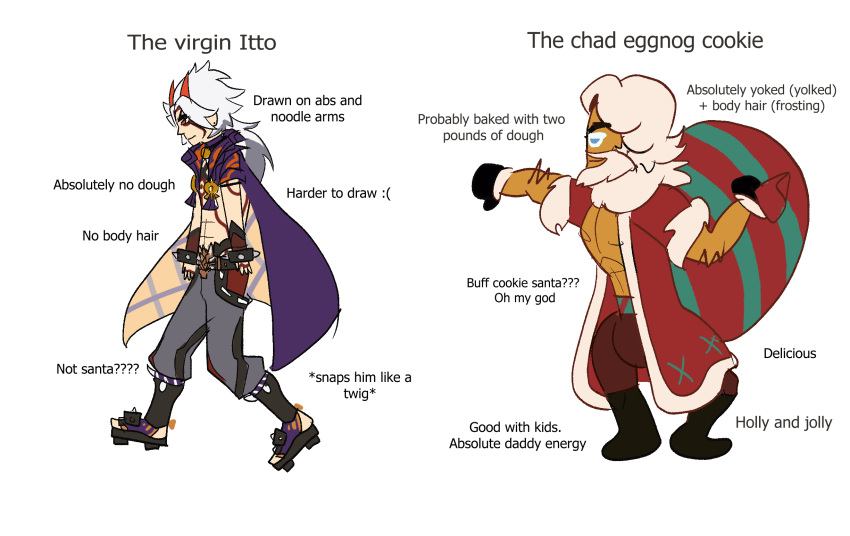 2boys, arataki_itto, areolae, arm_hair, bangs, bare_pectorals, beard, blue_eyes, capelet, cookie_run, crossover, eggnog_cookie, emily_echevarria_(frenchiefie), english_text, facial_hair, from_side, fur_trim, genshin_impact, highres, horns, japanese_clothes, long_hair, male_focus, multiple_boys, mustache, oni_horns, pectorals, santa_costume, short_hair, spikes, thick_eyebrows, virgin_vs_chad, white_background, white_hair