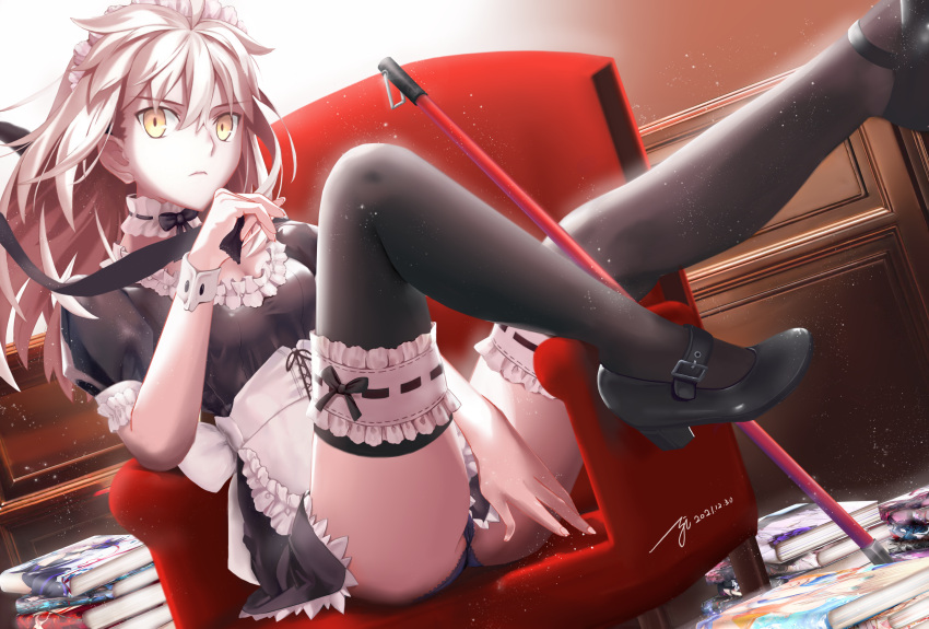 1girl, absurdres, apron, artoria_pendragon_(all), bangs, blonde_hair, blush, breasts, commentary_request, cowboy_shot, eyebrows_visible_through_hair, fate/stay_night, fate_(series), food, frills, hair_ribbon, highres, holding, indoors, leg_garter, long_hair, looking_at_viewer, looking_back, maid, maid_headdress, puffy_sleeves, ribbon, saber_alter, short_sleeves, solo, thigh-highs, white_apron, white_legwear, window, wrist_cuffs, yi_mata