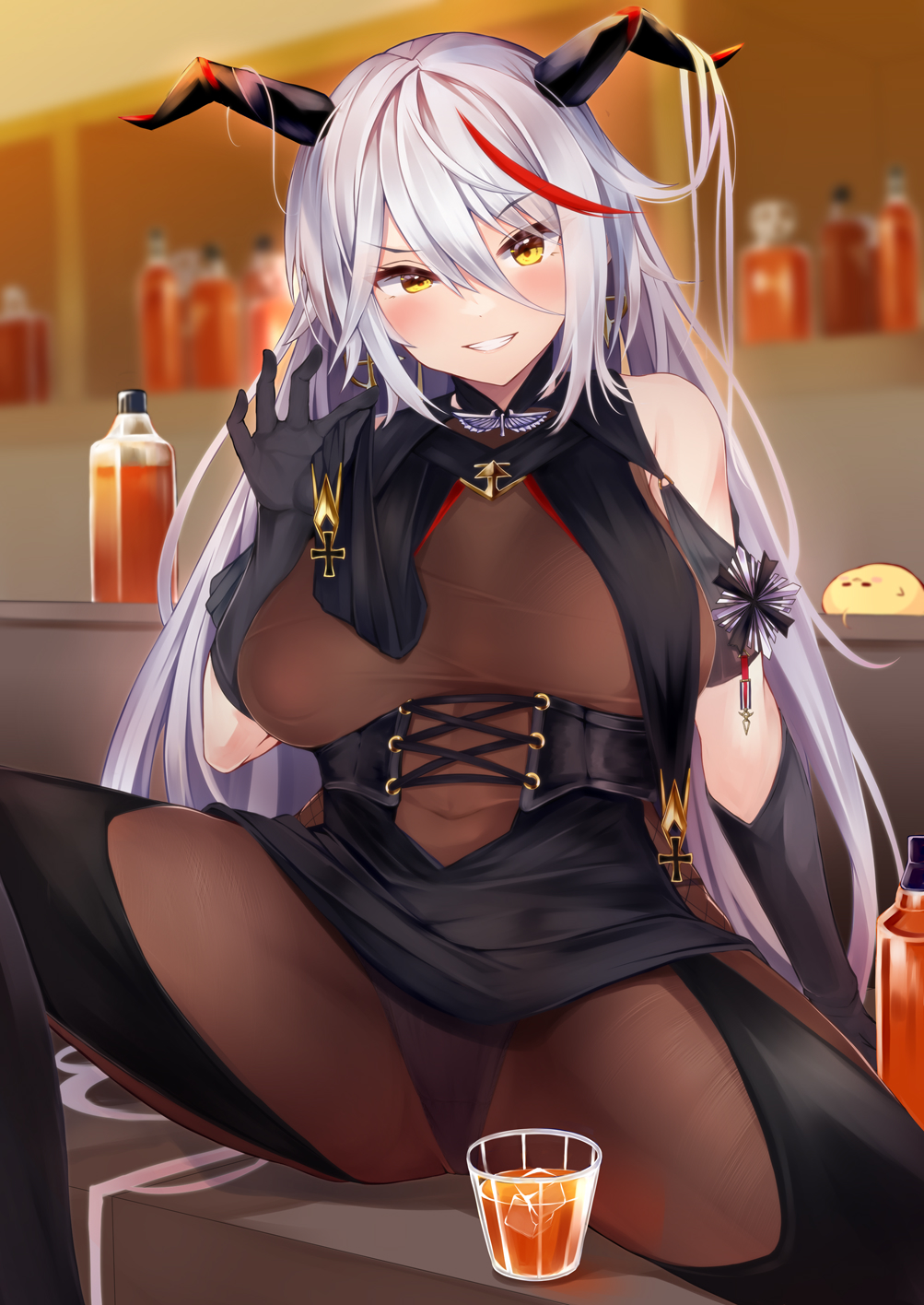 1girl, aegir_(azur_lane), alcohol, azur_lane, bangs, bare_shoulders, black_gloves, black_legwear