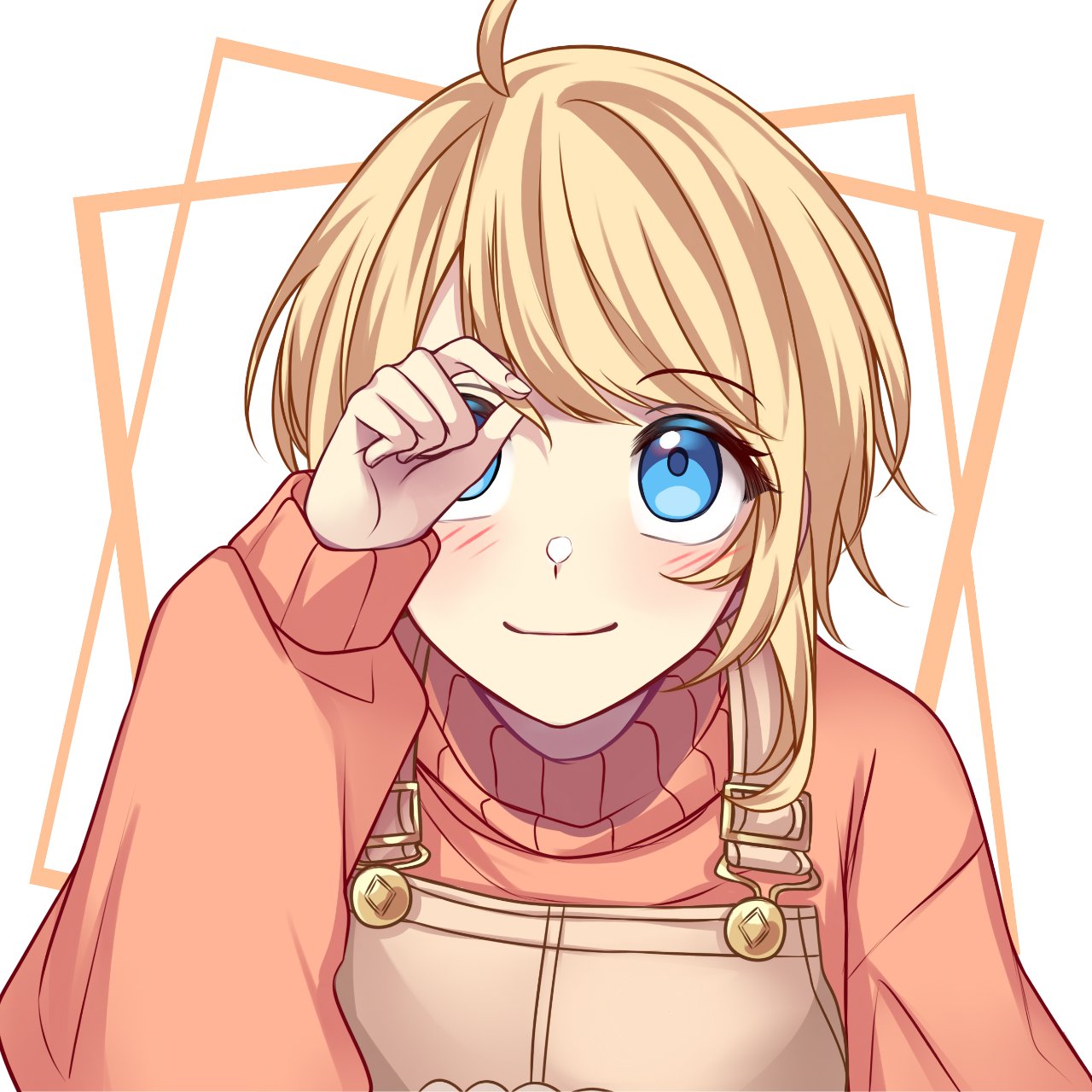 1girl, blonde_hair, blue_eyes, blush, brown_overalls, cowlick, english_commentary, eyebrows_visible_through_hair, highres, looking_up, nijisanji, nijisanji_id, nivel-floss, official_alternate_costume, orange_sweater, overalls, portrait, short_hair, smile, solo, sweater, turtleneck, turtleneck_sweater, white_background, zea_cornelia