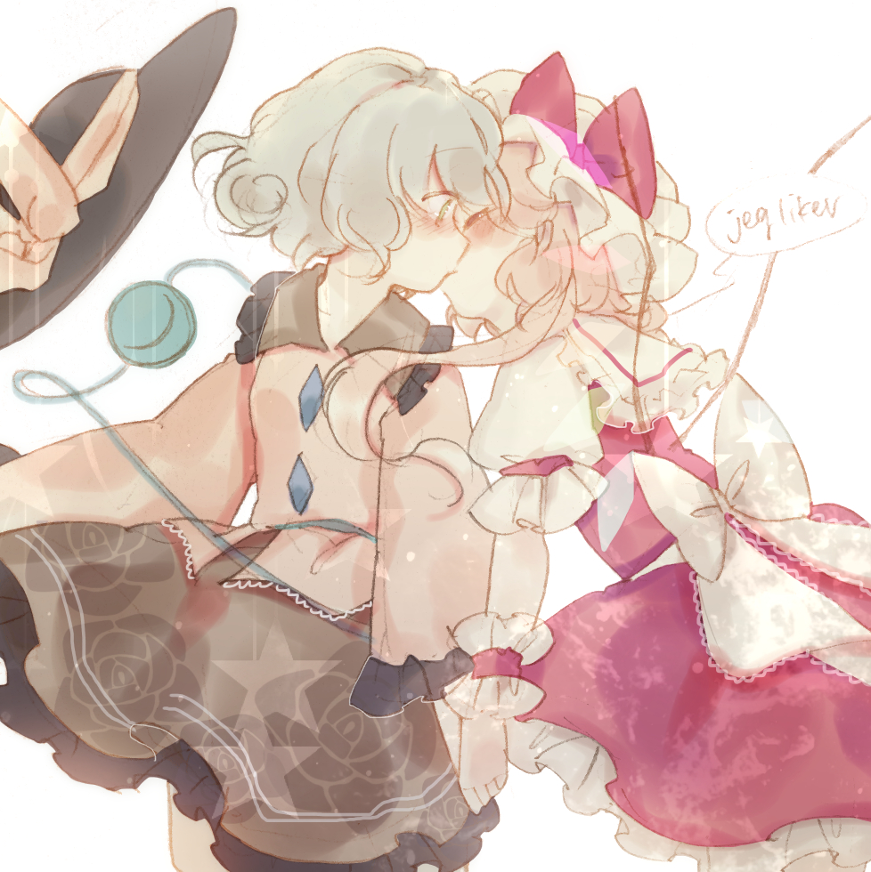 2girls, aqua_hair, back_bow, bangs, black_headwear, blonde_hair, blouse, blush, bow, buttons, collared_blouse, crystal, diamond_button, eyeball, eyebrows_visible_through_hair, flandre_scarlet, floral_print, frilled_shirt, frilled_shirt_collar, frilled_skirt, frilled_sleeves, frills, green_eyes, green_skirt, hat, hat_removed, hat_ribbon, headwear_removed, holding_hands, kiss, komeiji_koishi, long_sleeves, medium_hair, mob_cap, multiple_girls, norwegian_text, one_side_up, puffy_short_sleeves, puffy_sleeves, red_bow, red_ribbon, red_skirt, red_vest, ribbon, rose_print, shirt, short_sleeves, simple_background, skirt, sorani_(kaeru0768), surprise_kiss, surprised, third_eye, touhou, vest, wavy_hair, white_background, white_bow, white_shirt, wide_sleeves, wings, wrist_cuffs, yellow_blouse, yellow_ribbon, yuri