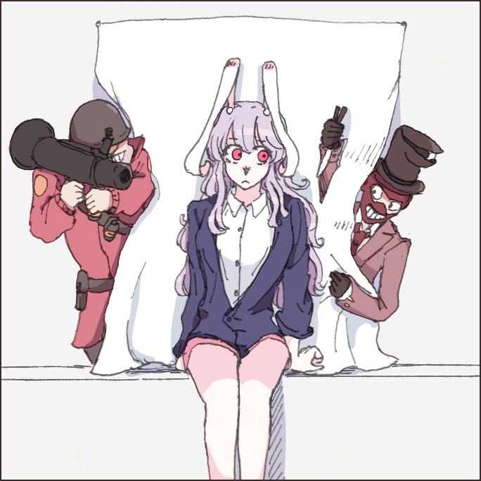 1girl, 2boys, :<, aiming, animal_ears, arm_up, arms_behind_back, balisong