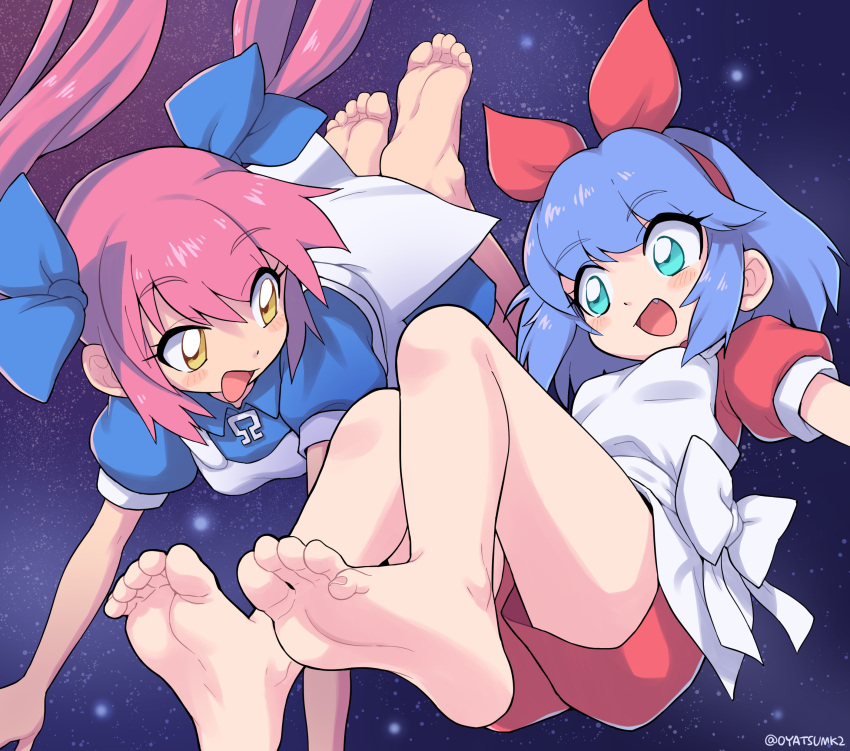 2girls, absurdres, aqua_eyes, bare_legs, barefoot, blue_bow, blue_eyes, blue_hair