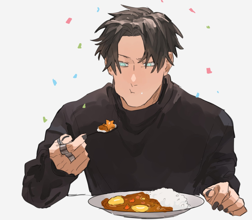 1boy, aqua_eyes, bad_id, bad_twitter_id, bbbb_fex, black_hair, black_nails, black_shirt