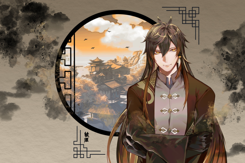 1boy, architecture, bangs, bird, brown_hair, chinese_clothes, closed_mouth, commentary_request