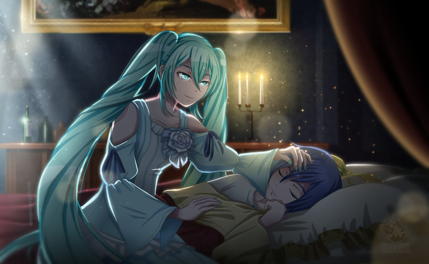 1boy, 2girls, aqua_dress, aqua_eyes, aqua_hair, artist_logo, bare_shoulders, bed