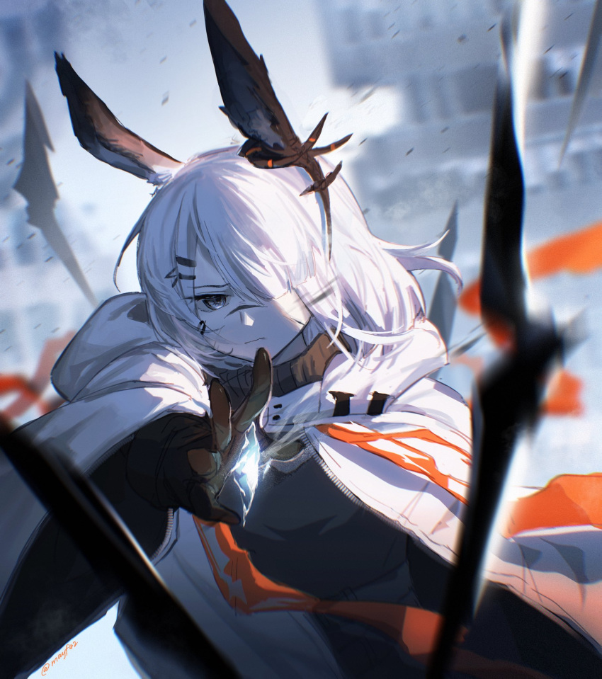 1girl, animal_ears, arknights, blurry, blurry_background, brown_gloves, coat, cold