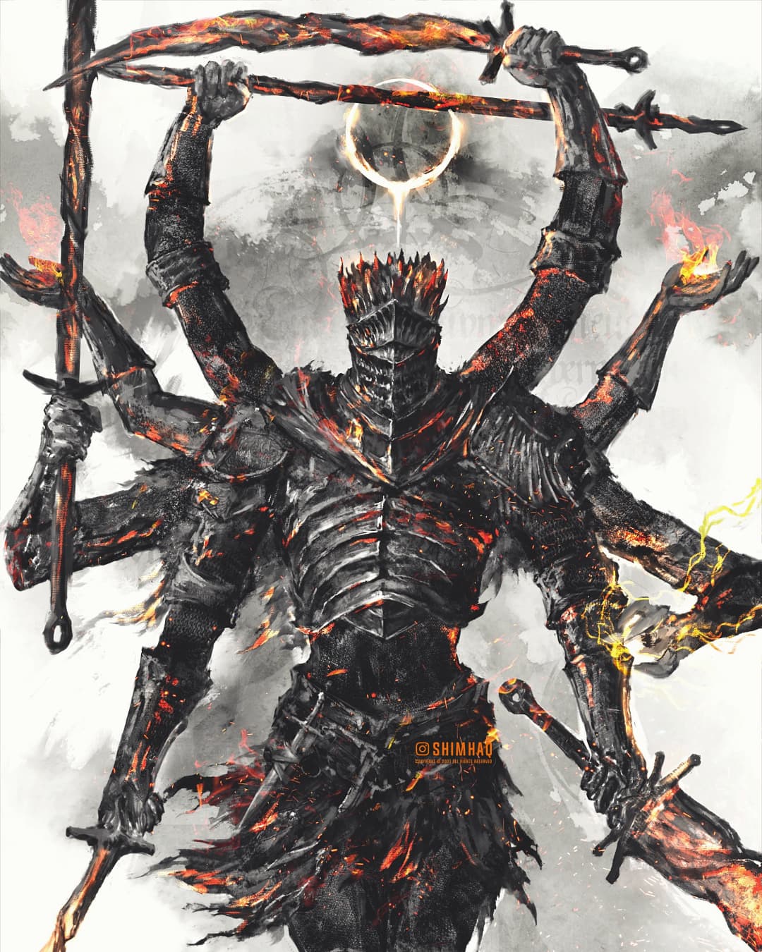 1other, dark_souls_(series), embers, extra_arms, facing_viewer, fire, helmet, highres