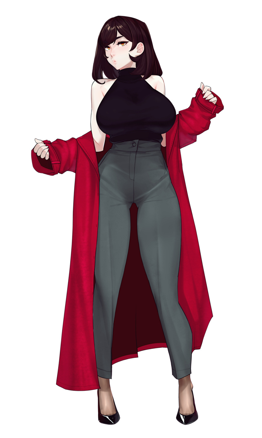 1girl, bangs, bare_shoulders, black_footwear, black_sweater, breasts, coat, commentary_request