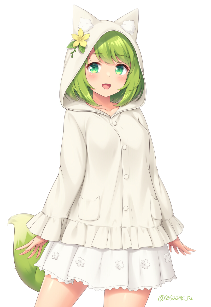 1girl, :d, animal_ears, animal_hood, blush, buttons, cowboy_shot, fox_ears