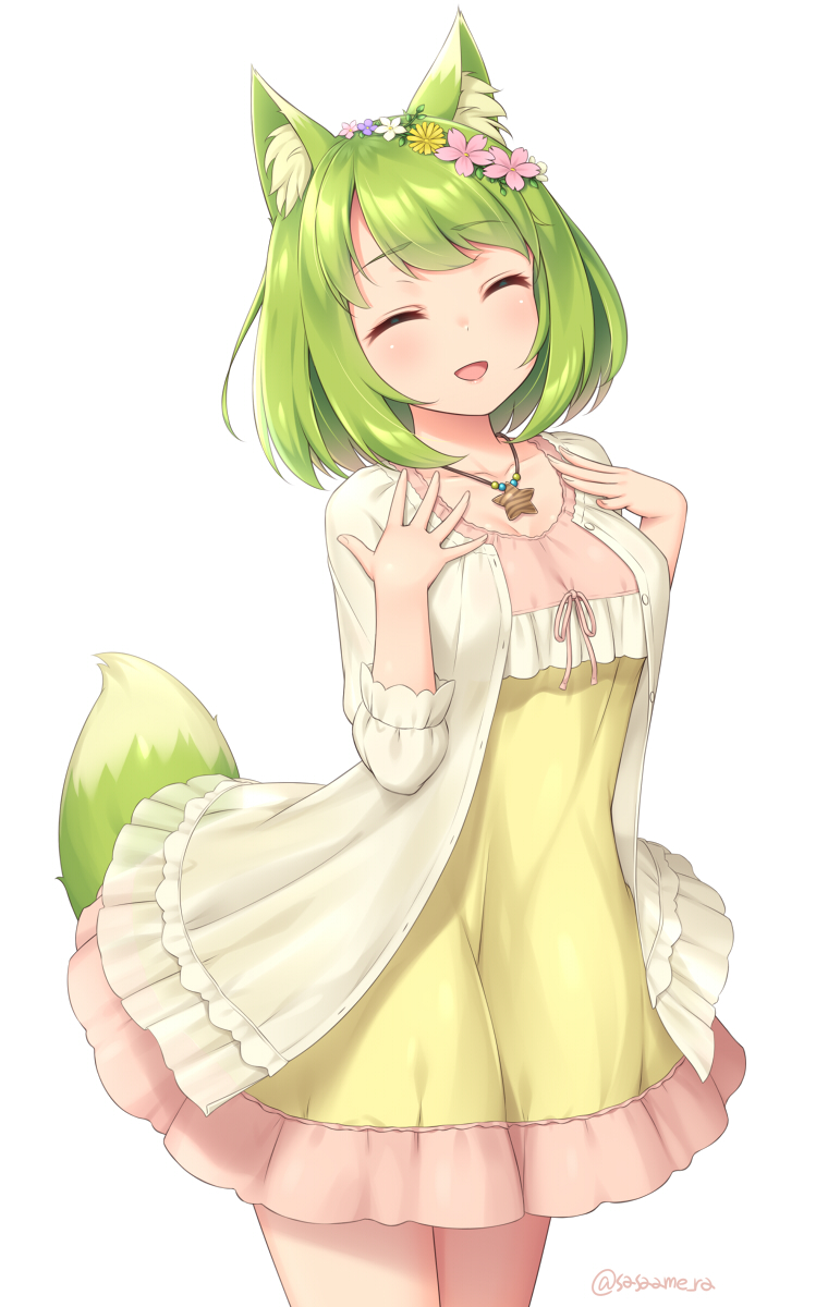 1girl, animal_ear_fluff, animal_ears, bangs, closed_eyes, cowboy_shot, dress, eyebrows_visible_through_hair