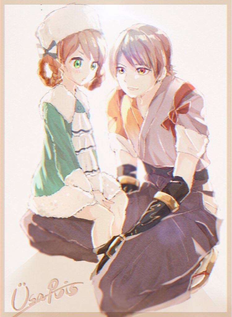 1boy, 1girl, anastasia_romanov, braid, brown_hair, dress, fur_trim, gloves