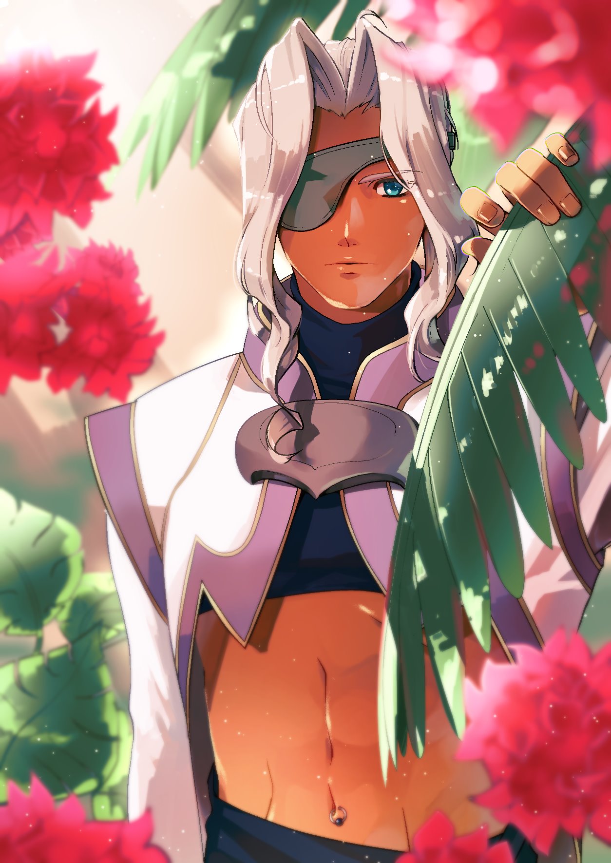 1boy, blue_eyes, closed_mouth, dark-skinned_male, dark_skin, eyepatch, highres, looking_at_viewer