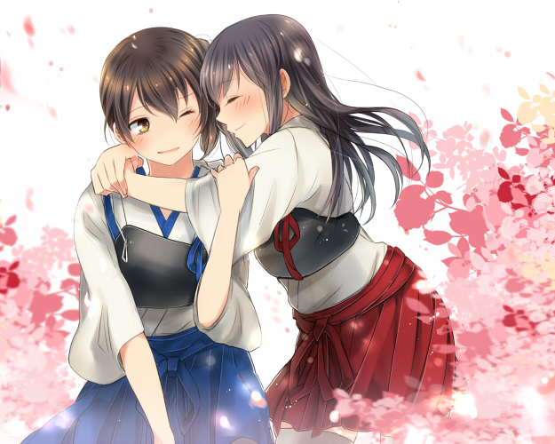 2girls, akagi_(kantai_collection), bangs, black_legwear, blue_hakama, blush, border, brown_eyes