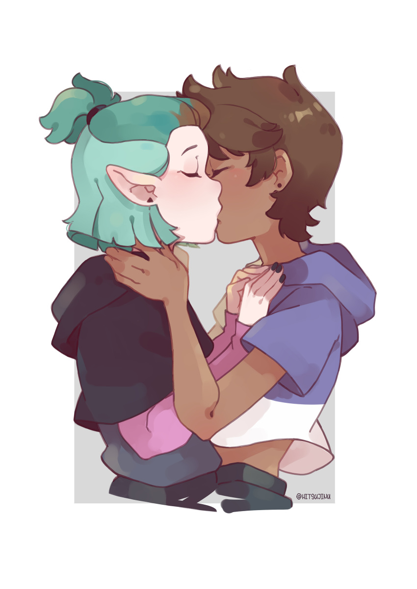 2girls, absurdres, amity_blight, black_nails, blush, brown_hair, closed_eyes, dark-skinned_female, dark_skin, ear_blush, earrings, green_hair, high_ponytail, highres, hitsujinu, hood, hood_down, jewelry, kiss, luz_noceda, multicolored_hair, multiple_girls, nail_polish, pointy_ears, short_hair, stud_earrings, the_owl_house, twitter_username, yuri