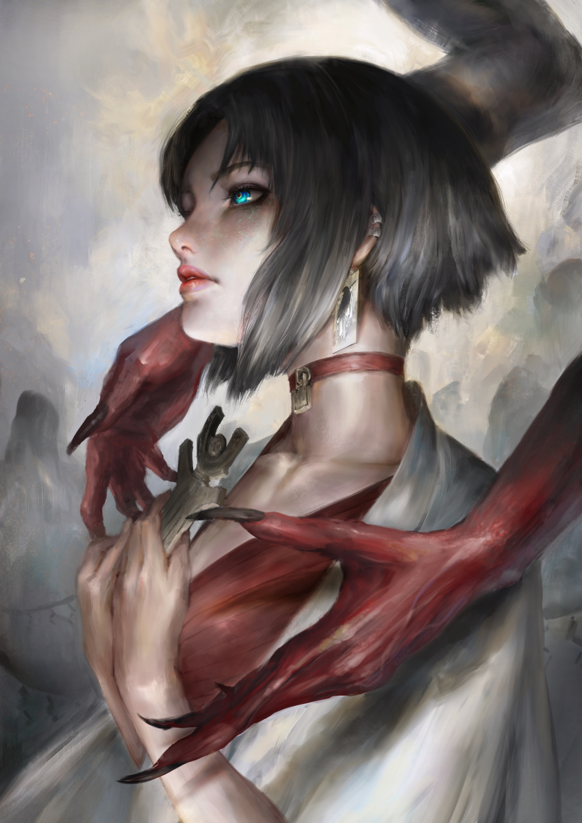 1girl, absurdres, black_hair, black_nails, blue_eyes, breasts, choker, collarbone, colored_skin, earrings, fingernails, hair_behind_ear, highres, holding, jewelry, long_fingernails, marie_(persona_4), medium_breasts, open_hands, parted_lips, persona, persona_4, persona_4_the_golden, red_choker, red_skin, short_hair, solo_focus, thedurianart, white_robe