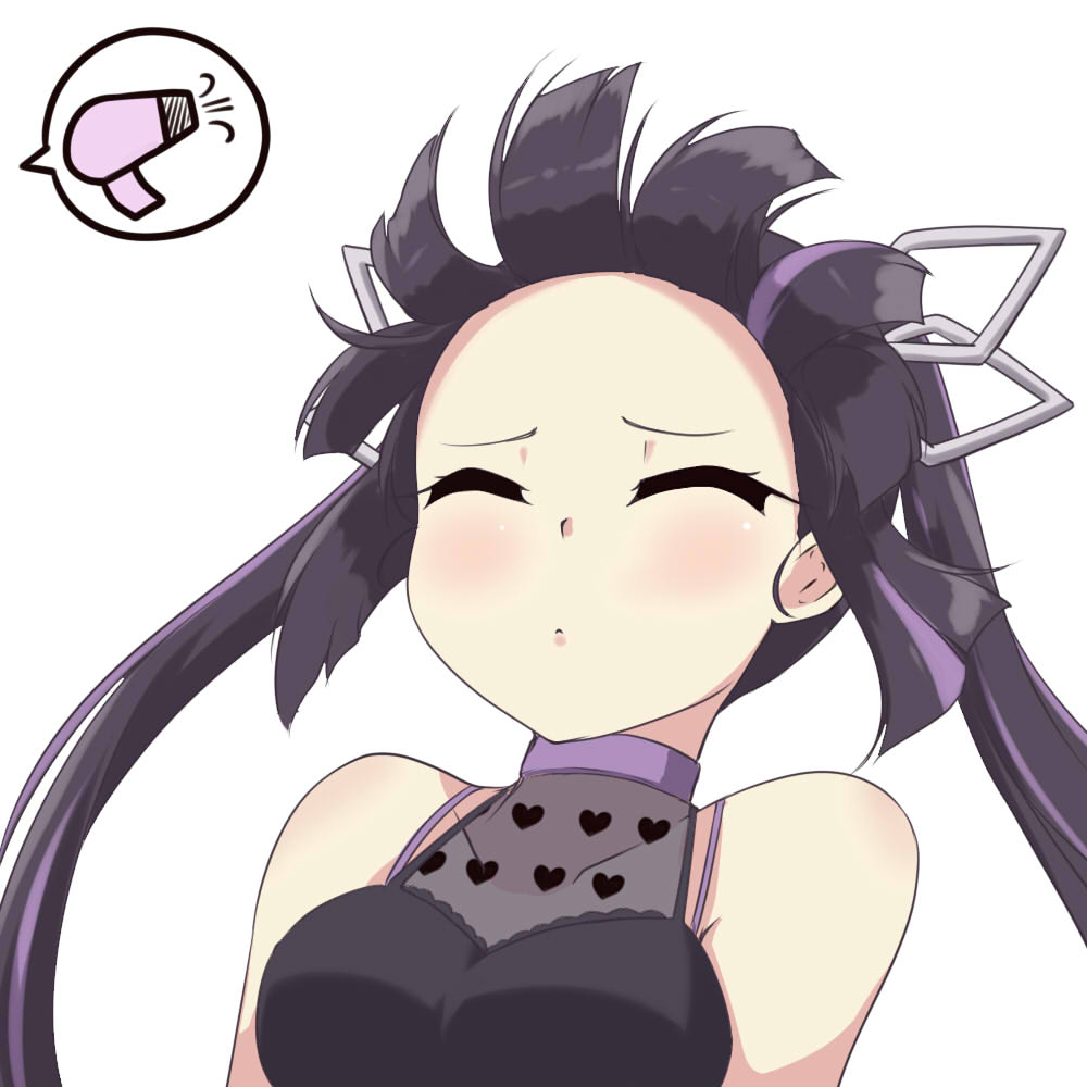 1girl, aitsugawa_rui, bangs, black_hair, black_shirt, blush, breasts, closed_eyes, closed_mouth, commentary_request, demon_girl, demon_horns, hair_dryer, heart, heart_print, horns, kojo_anna, long_hair, medium_breasts, multicolored_hair, no_jacket, print_shirt, purple_hair, see-through_shirt, shirt, simple_background, sleeveless, sleeveless_shirt, solo, sugar_lyric, twintails, two-tone_hair, upper_body, virtual_youtuber, white_background