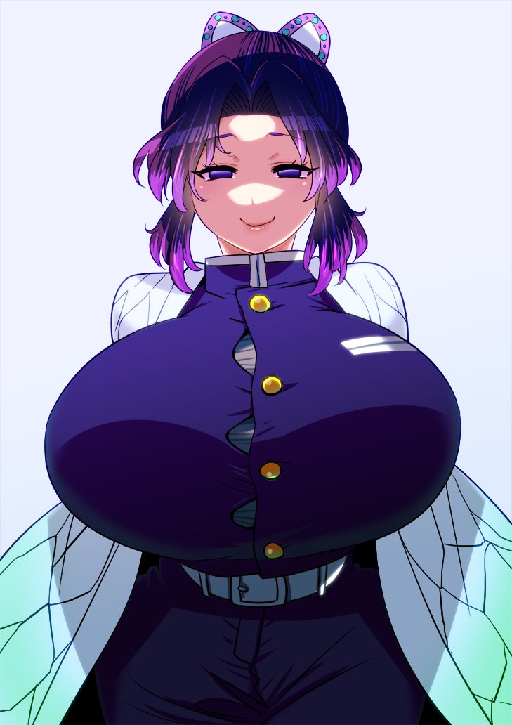 1girl, alternate_breast_size, animal_print, bangs, belt, black_hair, black_pants, breasts, bursting_breasts, butterfly_hair_ornament, butterfly_print, button_gap, closed_mouth, commentary, cowboy_shot, eyebrows_visible_through_hair, gakuran, grey_background, hair_ornament, half-closed_eyes, half_updo, haori, huge_breasts, japanese_clothes, kimetsu_no_yaiba, kochou_shinobu, lips, looking_at_viewer, multicolored_hair, pants, parted_bangs, perepere-kun, purple_hair, sarashi, school_uniform, short_hair, simple_background, smile, solo, standing, two-tone_hair, white_belt