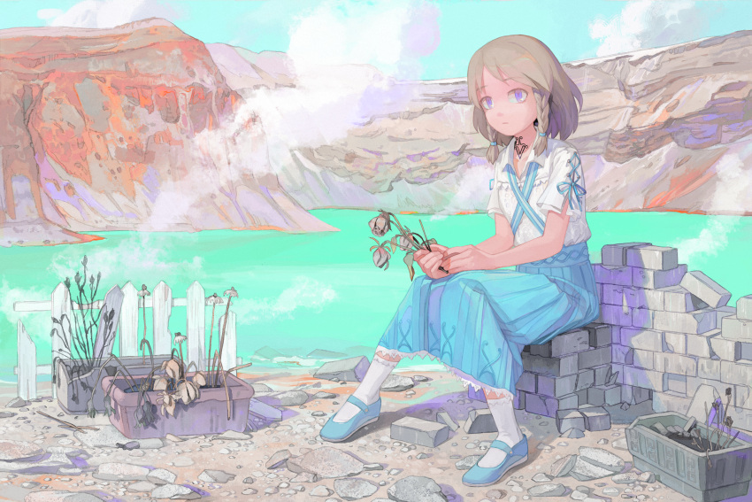 1girl, blue_footwear, blue_skirt, braid, brick, closed_mouth, clouds, commentary_request