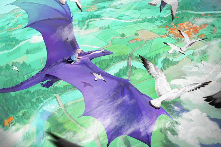 1girl, bird, blue_skirt, building, clouds, commentary_request, day, dragon