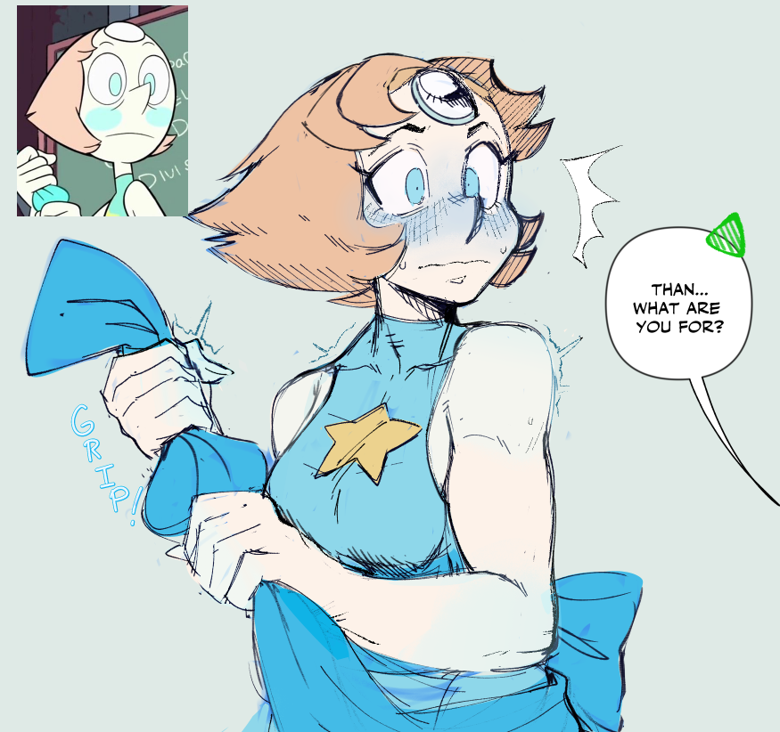 1girl, blue_bow, blue_eyes, blush, bow, breasts, collarbone, english_text, forehead_jewel, holding_cloth, ink_(ink01_), medium_breasts, orange_hair, pearl_(steven_universe), reference_inset, short_hair, speech_bubble, star_(symbol), steven_universe, surprised, sweatdrop