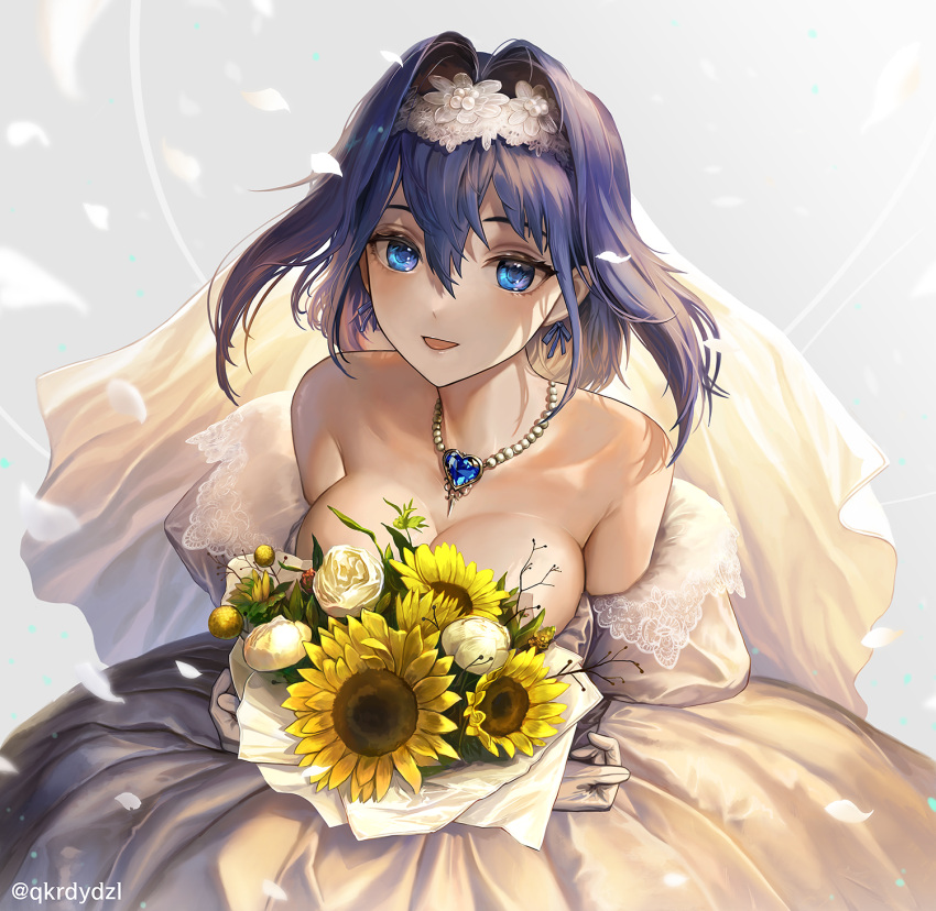 blue_hair, bouquet, breasts, bridal_veil, bride, dress, elbow_gloves, gloves
