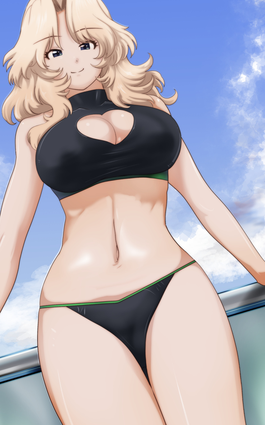 1girl, bikini, black_bikini, blonde_hair, blue_eyes, blue_sky, breasts, cleavage_cutout, closed_mouth, clothing_cutout, clouds, cloudy_sky, commentary_request, cowboy_shot, day, dutch_angle, eyebrows_visible_through_hair, girls_und_panzer, hair_intakes, half-closed_eyes, heart_cutout, highres, kay_(girls_und_panzer), large_breasts, looking_at_viewer, medium_hair, navel, outdoors, sky, smile, solo, standing, swimsuit, yoyokkun