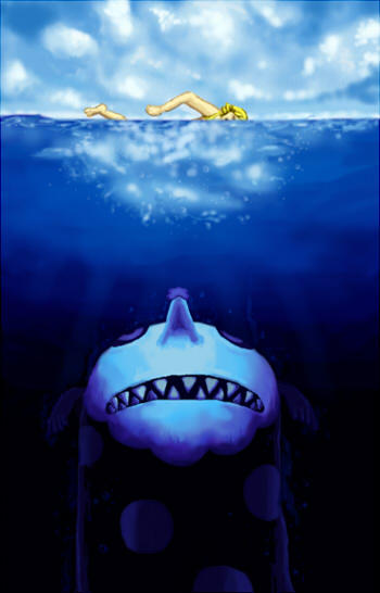 blue_sky, bubble, charlotte_(madoka_magica), clouds, drill_hair, impending_doom, jaws_(movie), mahou_shoujo_madoka_magica