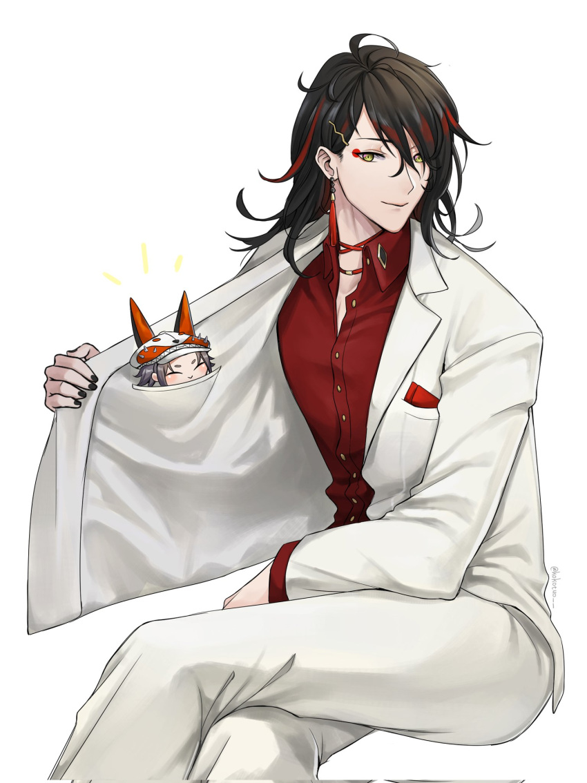 2boys, ^_^, animal_ear_headwear, black_hair, blush, brown_hair, closed_eyes, collarbone, collared_shirt, crossed_legs, earrings, english_text, eyeshadow, hair_behind_ear, highres, in_pocket, jacket, jewelry, kokotuo, makeup, male_focus, miniboy, multicolored_hair, multiple_boys, mysta_rias, nijisanji, nijisanji_en, pants, red_eyeshadow, red_shirt, redhead, shirt, single_earring, sitting, smile, spikes, streaked_hair, virtual_youtuber, vox_akuma, white_background, white_jacket, white_pants, yellow_eyes