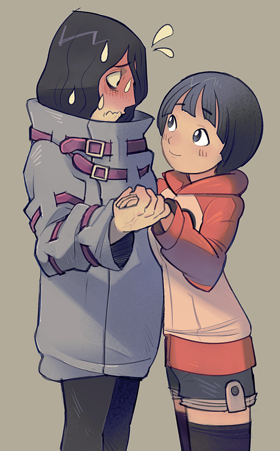 1boy, 1girl, bakudan_handan, belt, black_eyes, black_hair, black_legwear, blush