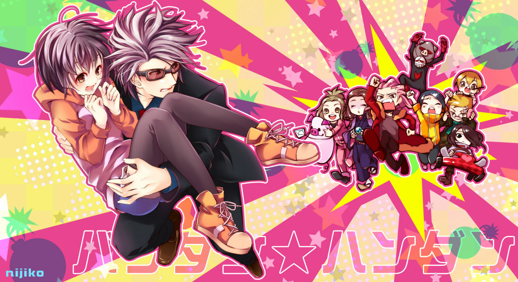 2girls, 6+boys, bakudan_handan, bandage_on_face, bandages, belt, black_hair, black_jacket