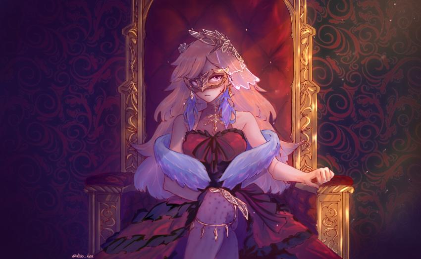 1girl, closed_mouth, crossed_legs, earrings, feather_earrings, feathers, highres, hololive, hololive_english, jewelry, long_hair, mask, masquerade_mask, multicolored_hair, on_chair, orange_hair, sitting, takanashi_kiara, twitter_username, user_heasharon, violet_eyes, virtual_youtuber, wings
