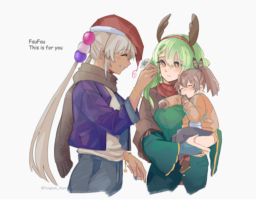 3girls, brown_hair, carrying, carrying_person, ceres_fauna, closed_eyes, dark-skinned_female, dark_skin
