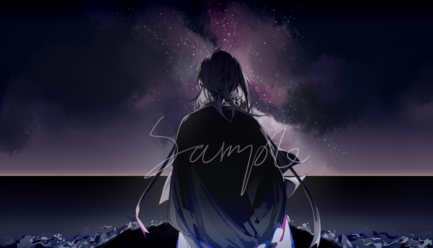 1boy, angel, black_hair, chinese_commentary, commentary_request, from_behind, galaxy, gaural