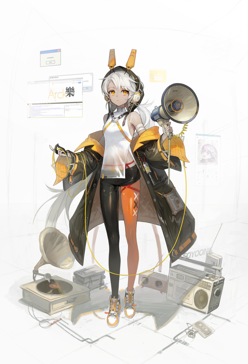 1girl, absurdres, armpits, artist_name, asymmetrical_legwear, bandaged_arm, bandages, bangs, black_coat, black_gloves, black_legwear, breasts, cable, cassette_player, character_name, closed_mouth, coat, commentary, crossed_bangs, dark-skinned_female, dark_skin, detached_hood, error_message, expressionless, eyebrows_visible_through_hair, eyes_visible_through_hair, full_body, garter_belt, gloves, hands_up, headgear, headphones, highres, holding, holding_megaphone, horn_speaker, id_card, korean_text, lanyard, long_hair, long_sleeves, looking_at_viewer, medium_breasts, megaphone, microsoft_edge, mismatched_legwear, multiple_sources, off_shoulder, open_clothes, open_coat, orange_coat, orange_footwear, orange_legwear, original, partially_fingerless_gloves, phonograph, ponytail, radio, see-through_shirt, shirt, shoes, side_slit, single_glove, single_leg_pantyhose, single_thighhigh, sleeveless, sleeveless_shirt, slit_pupils, sneakers, solo, soyoong_jun, speaker, standing, thigh-highs, translation_request, videocassette, white_background, white_footwear, white_hair, white_shirt, wide_sleeves, window_(computing), yellow_eyes, zipper