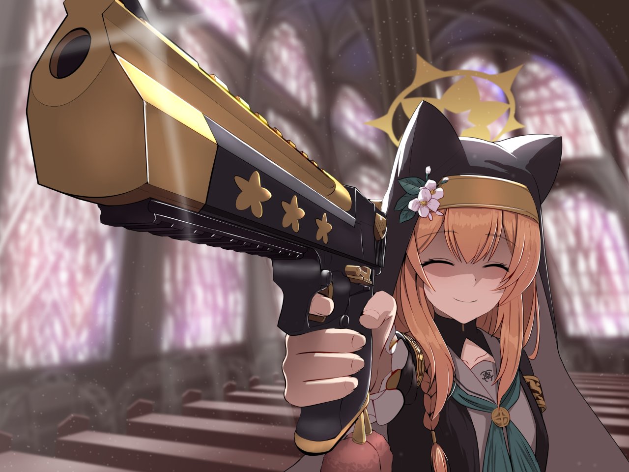 1girl, animal_ear_headwear, blue_archive, cathedral, church, false_smile, gun, habit