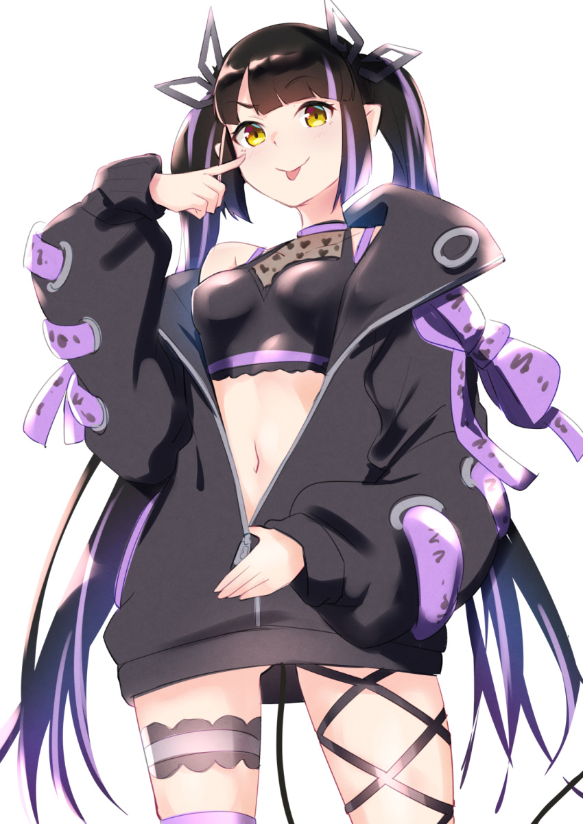1girl, akanbe, ass_visible_through_thighs, bangs, black_hair, black_jacket, black_ribbon, black_shirt